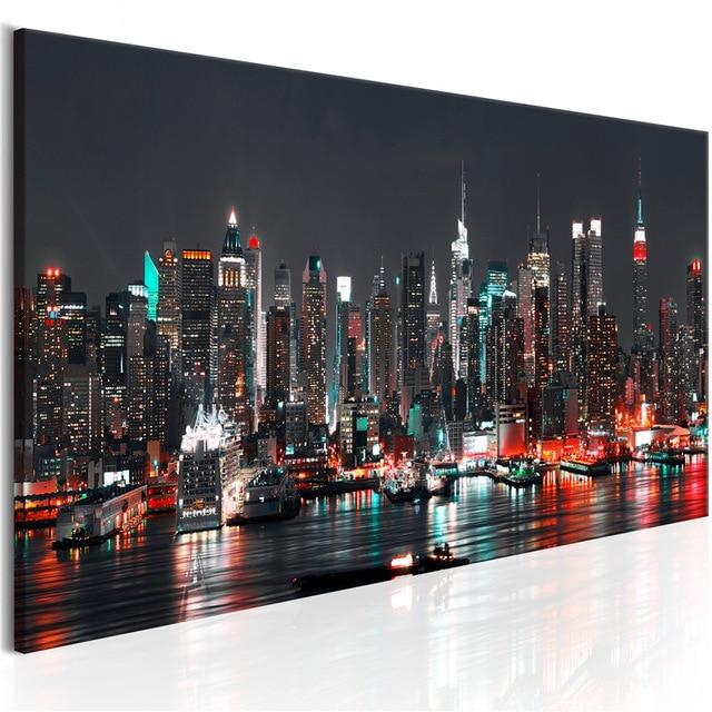 Wall Art:  Vertical Canvas Painting Spwa1564 New York City Night Scene 120Cmx40Cm No Frame / 40132